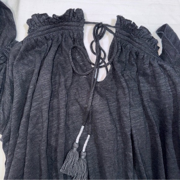 We The Free Black Off The Shoulder Smocked Ruffle Sleeve Tie Neck Tassel Top - Picture 7 of 7